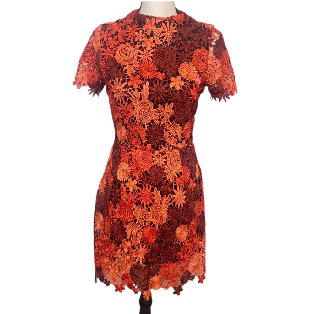 Glamorous Red Floral Lace Party Cocktail Dress Short Sleeves Midi Length Size XS